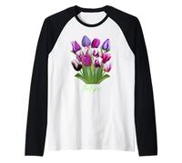 Bouquet di tulipani carini viola, bianchi e blu primaverili floreali Maglia con Maniche Raglan