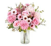 Bouquet fiori artificiali rosa 4 pezzi con rose dalie e margherite