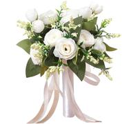 Bouquet per Matrimoni per Sposa 9x10 Pollici di Bouquet da Sposa Rosa Romantico con Foglie di Seta realistica Artificiale per la Damigella d'Onore, Il fulcro, Le Decorazioni del Matrimonio, Il Bianco