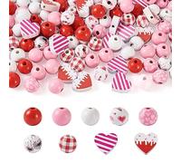 Boutigem 120 perline rotonde dipinte in legno a forma di cuore per San Valentino, perline in legno naturale rosso e rosa acceso, perline per la creazione di gioielli fai da te