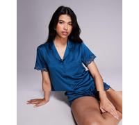 Boux Avenue - Amelie - Completo in raso opaco verde-azzurro scuro con pantaloncini e top con rever-Blu 46