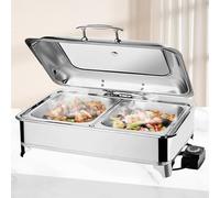 BOVDC Chafing Dish Elettrico, 9L Scaldavivande Elettrico per Buffet Acciaio Inox, Chafing Dish Buffet Elettrico Temperatura Regolabile con Coperchio in Vetro Trasparente per Buffet(A, 1/2 Pan)