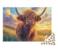 Bovino delle Highlands puzzle da 1000 pezzi per uomini e donne adulti, mucca delle Highlands in prato di montagna al tramonto, spesso resistente premium vibrante stimolante antistress, 52x38cm/1000pz
