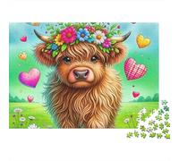 Bovino delle Highlands puzzle relax da 1000 pezzi per adulti, simpatico vitello delle Highlands con corona di fiori e cuori, spesso resistente alta qualità stimolante antistress, 70x50cm/1000pz