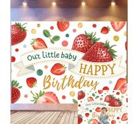 Bovlleetd 1,5x1m Sfondo Compleanno Fragola "Our Little Baby" Confetti Fragole Acquerello, Accenti Nastro Calligrafia, Tema Primo Compleanno Dolce, Accessori Studio Fotografico