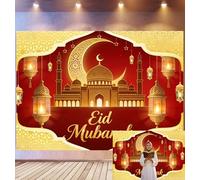 Bovlleetd 1.8x1.2m Eid Mubarak Rosso Dorato Sfondo Moschea Islamica Luna Lanterna Stella Modello Decor Fotografia Sfondo Festival Ramadan Stile Lussuoso Studio Fotografico Puntelli