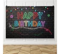 Bovlleetd 1.8x1.2m Neon Buon Compleanno Sfondo Muro di Mattoni Scuri Stringa Colorata Luce Stella Neon Segno Fotografia Sfondo Photo Booth Puntelli