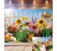 Bovlleetd 1,8x1,2m Sfondo Attrezzi Giardino e Fiori Recinto di Picchetti Bianchi e Girasoli Annaffiatoio Verde e Stivali Tema Giardinaggio Allegro Accessori Studio