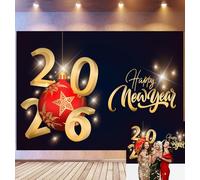 Bovlleetd 1,8x1,2m Sfondo di festa di buon anno nuovo 2026 scena dorato numeri 3D rosso ornamento saluto sfondo scintillante per la vigilia di Capodanno Festa Decorazione Photo Booth Props