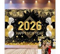 Bovlleetd 1,8x1,2m Sfondo di festeggiamento di buon anno nuovo 2026 scena numeri d'oro saluto palloncino scintillante sfondo per la vigilia di Capodanno Festival Party Decor Photo Booth Props