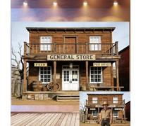 Bovlleetd 1,8x1,2m Sfondo Negozio Generale Wild West Edificio di Legno Vecchio Botte e Ruota di Carro Tema Paese Frontaliero Accessori Studio