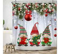 Bovlleetd 180x180cm Tenda da doccia con gnomo di Natale Realistica rami di albero di Natale Campane rosse Tenda da bagno Sfondo bianco Tende da doccia con nevicata Tenda da vasca impermeabile