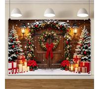 Bovlleetd 2,2 x 1,5 m - Sfondo per porta di fienile natalizio, con lanterna illuminata, ghirlanda per feste di famiglia e feste