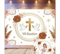 Bovlleetd 2,2x1,5m Sfondo Battesimo Mi Bautizo Croce d'Oro e Colomba Rosa Blush e Erba di Pampa Tema Battesimo Elegante Accessori Studio Fotografico