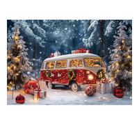 Bovlleetd 2.2x1.5m Sfondo di Natale Bus Camper di Natale invernale Autobus rosso Albero di pino glitterato innevato Sfondo fotografico per Buon Natale Capodanno Ritratto Servizio fotografico Studio
