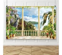 Bovlleetd 2.2x1.5m Sfondo di paesaggio marino Elegante architettura europea Balcone Backdrop Giardino Mare Cascata Montagna Fotografia Sfondo Partito Studio Scatto Props Vinile