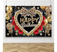 Bovlleetd 2.5x1.8m Fondo de Cumpleaños con Estampado de Leopardo, Globo Grande de Corazón con Fondo de Rosas Rojas, Fondo Fotográfico con Purpurina Dorada para Decoración de Fiestas de Mujeres y Niñas