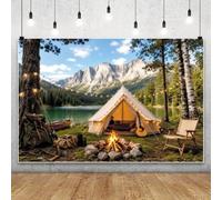 Bovlleetd 2.7x1.8m Montagna Lago Campeggio Sfondo Bianco Tenda Luci Della Stringa Campfire Canoa Chitarra Pino Betulla Albero Sfondo Ritratti Sparare Puntelli Foto