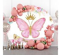 Bovlleetd 200 cm Sfondo di Farfalla Rosa Fiore Rotondo Sfondo di Compleanno Farfalla Colorata Corona d'Oro Sfondo Fotografia per Festa di Compleanno Decorazione Torta Tavolo Banner
