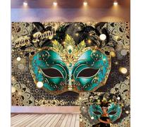 Bovlleetd 3.6x1.8m Masquerade Party Sfondo Teal Oro Maschera Veneziana Piuma Mandala Glitter Luce Decor Fotografia Sfondo Mardi Gras Carnevale Stile Lusso Studio Fotografico Puntelli