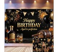 Bovlleetd 3,6x1,8m Sfondo Compleanno Whiskey di Lusso Decor Nero e Oro Sigaro e Botte "Aged to Perfection" Tema Celebrazione Adulti Accessori Studio Fotografico