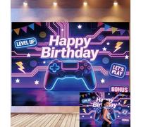 Bovlleetd 3,6x2,5m Sfondo Compleanno Gaming "Level Up" Controller Neon Accenti Arte Pixel "Buon Compleanno" Tema Gamer Festa Cyberpunk Accessori Studio