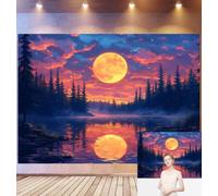 Bovlleetd 3,6x2,5m Sfondo Foresta incantata al chiar di luna Cielo tramonto vibrante, Riflesso luna piena Foresta di pini e lago calmo, Tema natura fantasy, Accessori Studio Fotografico