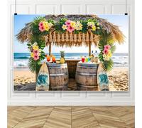 Bovlleetd 3 x 2,5 m sfondo tropicale bar, capanna sulla spiaggia con cocktail colorati, ananas, plumeria, fiori, sfondo hawaiano, spiaggia, oceano, sfondo fotografico, per feste estive