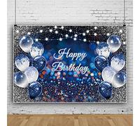 Bovlleetd 300x200cm Buon Compleanno Sfondo Blu Bianco Palloncino Scintillante Fotografia Sfondo Argento Starlight Stringa Sfondo per Festa di Compleanno Decorazione Torta Tavolo Banner