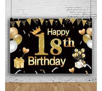 Bovlleetd 300x200cm Buon Compleanno Sfondo Nero Oro Tema 18 ° Festa di Compleanno Banner Palloncino D'oro Confezione Regalo Banner Fotografia Sfondo per Ragazze Festa di Compleanno Decorazione