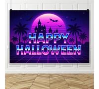 Bovlleetd 3x2.5m Happy Halloween Neon Sfondo Retro Synthwave Foto Sfondo con Luna Viola Palma Castello Pipistrello per Halloween Party 80s Theme Photoshoot Decor