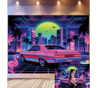 Bovlleetd 3x2,5m Sfondo Città Retro Synthwave Estetica Neon Anni '80 Auto Muscle Rosa Fenicottero Palme Tema Urbano Cyberpunk Accessori Studio Fotografico