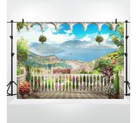 Bovlleetd 3x2m Balcone Sfondo Vinile Romantico Balcone Giardino Natura Paesaggio Fotografia Sfondo Montagna Mare Blu Cielo Stile Europeo Padiglione Sfondo per Ritratto Servizio Fotografico Studio