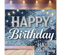 Bovlleetd 3x2m Sfondo Compleanno Denim e Paillettes Lettere "HAPPY" Strass e Stelle Luci a Catena Texture Denim Tema Compleanno Glam Casual Accessori Studio Fotografico