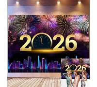 Bovlleetd 3x2m Sfondo della celebrazione del nuovo anno Conta alla rovescia al 2026 Orologio d'oro Fuochi d'artificio colorati Città Skyline sfondo per Capodanno Festival Party Decor Props