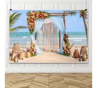 Bovlleetd 4.2x3m Bohemian Tropical Beach Wedding Backdrop macramè Arco, composizioni floreali e tende blu, sfondo fotografico per matrimoni, feste estive