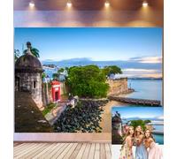 Bovlleetd 4,2x3m Sfondo Compleanno Fortezza San Juan Bastione Pietra Storica, Baluardi Costieri Architettura Coloniale Porto Turchese, Tema Tramonto, Accessori Studio Fotografico