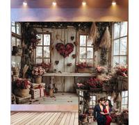 Bovlleetd 4,2x3m Sfondo Cottage Rustica San Valentino Parete Legno Invecchiato & Decor Cuori Rose Requisiti Bouquet Cestini Vimini & Vintage Tema Romantico Accogliente Requisiti Studio Fotografico