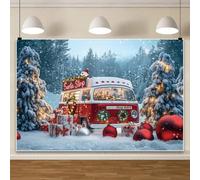 Bovlleetd 4.2x3m Sfondo di camper di Natale, autobus rosso di Natale, albero di pino innevato, fermata di Babbo Natale, sfondo di buon Natale, capodanno, ritratto, servizio fotografico in studio