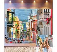Bovlleetd 4,5x3m Sfondo Compleanno Città Vecchia San Juan Balconi Coloniali Colorati, Strada Sampietrini Vista Costiera, Tema Architettura Caraibi Vibrante, Accessori Studio Fotografico