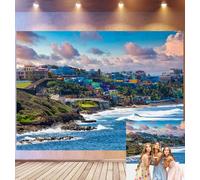 Bovlleetd 4,5x3m Sfondo Compleanno Costiero San Juan Porto Rico Edifici Coloniali Colorati, Oceano Turchese Costa Rocciosa Tramonto, Tema Vacanza Caraibi, Accessori Studio Fotografico