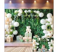 Bovlleetd 4,5x3m Sfondo Compleanno Verdure e neutro Parete di felci abbondanti, Palloncini crema Orso di peluche e regali rayati, Tema festa rustico-chic, Accessori Studio Fotografico