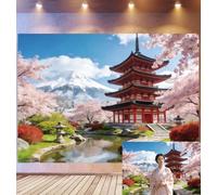 Bovlleetd 4,5x3m Sfondo Tempio Sakura Giapponese Pagoda Rossa e Monte Fuji Sentiero Lago Lanterna di Pietra Tema Sakura Sereno Accessori Studio