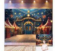 Bovlleetd 6x3m Sfondo Compleanno Carnevale Vacanze Inverno Entrata Mercato Innevato, Luci Festive Alberi Natale Bancarelle Rosso & Verde Acqua, Tema Stagionale Magico Studio Fotografico