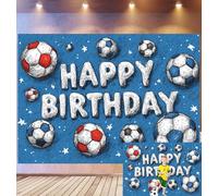 Bovlleetd 6x3m Sfondo Compleanno Tema Calcio Palloni Calcio Stile Schizzo, Tonalità Blu "HAPPY BIRTHDAY", Tema Celebrazione Bambini Tifosi Sport, Accessori Studio Fotografico