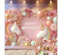 Bovlleetd 6x3m Sfondo Compleanno Unicorno Gemella Fiori Pastello, Elemento Arcobaleno Miscela Palloncini "HAPPY BIRTHDAY", Fiaba Magica, Tema Celebrazione Bambini, Accessori Studio Fotografico