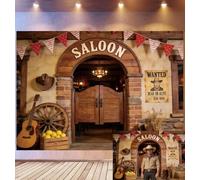 Bovlleetd 6x3m Sfondo Ingreso Saloon Wild West Manifesto "Wanted" e Accessori Cowboy Arco di Legno Ruota di Carro Tema Saloon Frontaliero Accessori Studio