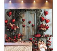 Bovlleetd 6x3m Sfondo Porta Rustica San Valentino Porta Blu Invecchiata & Decor Palloncini Cuori Rossi Requisiti Bouquet Rose & Candele Tema Romantico Caldo Requisiti Studio Fotografico
