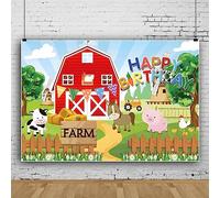 Bovlleetd Fattoria Sfondo Animale Felice Compleanno Sfondo Banner Cartone Animato Rosso Fienile Fotografia Sfondi Fattoria Sfondo per Decorazioni Festa di Compleanno 220x150cm
