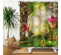 Bovlleetd Primavera Fiabe Tenda da Doccia Incantata - Albero Parlante, Fungo, Verde Prato, Pianta con Fiori, Sole - Accessori per il Bagno 153x183cm
